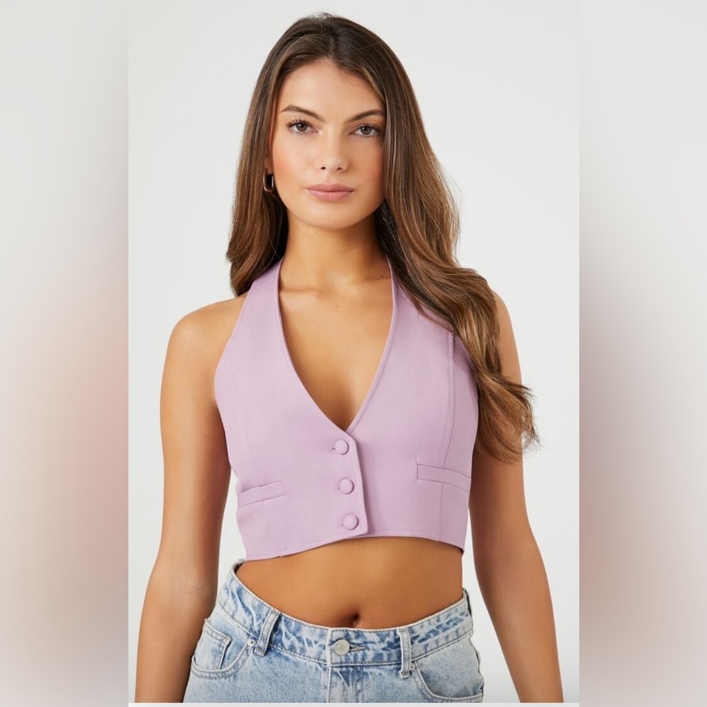 Plunging halter crop top, purple, M - Picture 1 of 6
